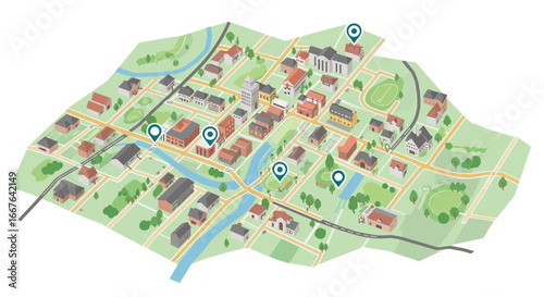 Isometric urban map with location pins showcasing city layout and architecture