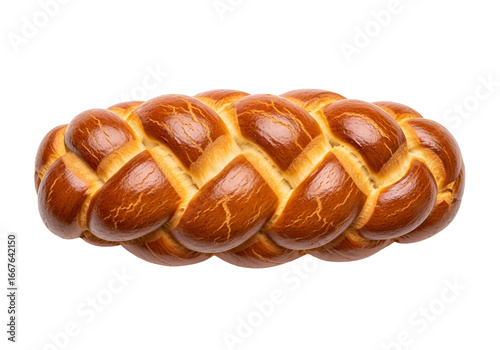 A golden-brown braided loaf of bread, showcasing intricate patterns and a delicious appearance against a stark black backdrop.