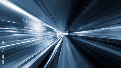 High-speed tunnel with light trails. Futuristic transportation concept. Abstract motion blur in subway or railway. Modern urban infrastructure and technology.