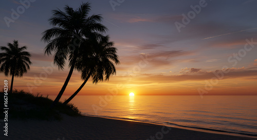 Tropical palm trees silhouetted against vibrant orange sunset sky