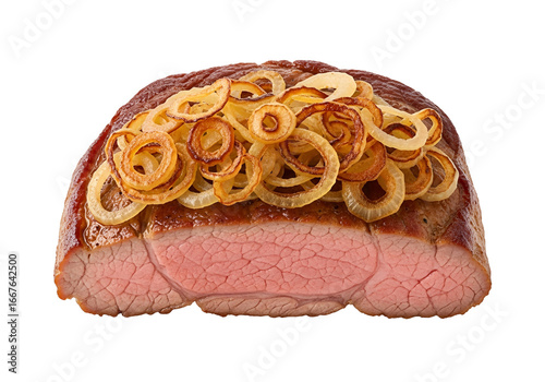 A delectable slice of roasted meat, topped with a crispy array of caramelized onion rings, presented against a stark black backdrop.