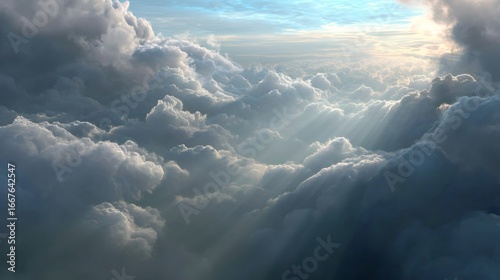 Heavenly sky view with sunbeams piercing through dramatic clouds. Aerial cloudscape concept for nature wallpaper, weather forecast background, or spiritual inspiration
