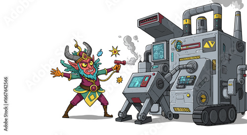 Fantasy goblin confronting futuristic machine in colorful cartoon style