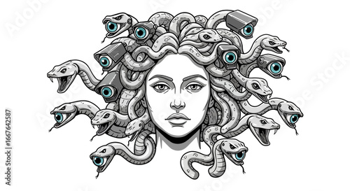 Modern medusa with cybernetic twist: monochrome artwork with snakes and cameras