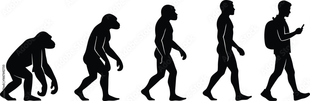 Obraz premium Human evolution silhouette, ape to modern man, smartphone era, backpack figure, walking progression, anthropology, timeline, posture change, black and white