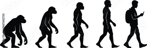 Human evolution silhouette, ape to modern man, smartphone era, backpack figure, walking progression, anthropology, timeline, posture change, black and white