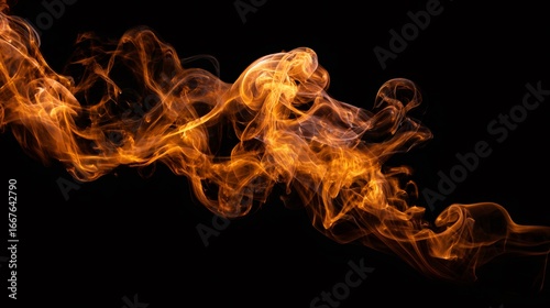Glowing orange smoke on black background. Abstract fire effect. Dynamic flame-like pattern. Artistic design element for dramatic visual impact in graphic projects.