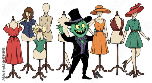 Cartoon spooky monster modeling amid vintage fashion mannequins with elegant dresses