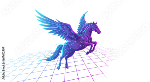 Futuristic neon pegasus flying over 3d grid