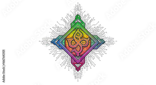 Geometric mandala with tech circuit pattern in vibrant gradient hues