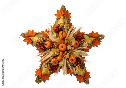 A star-shaped autumnal arrangement crafted from straw, featuring fall colors and decorative gourds, corn, and leaves.