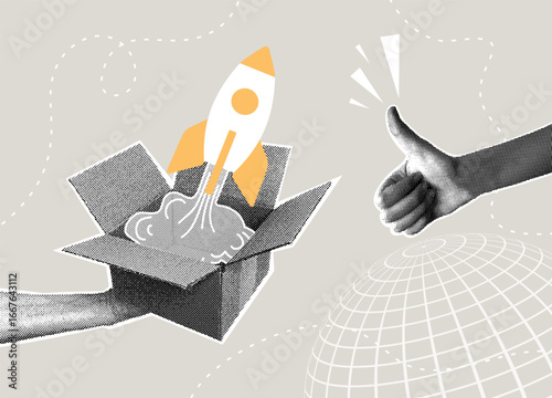 Trendy halftone collage. Startup rocket takes off from box with thumbs up. Concept of new business ideas, innovation, launching new business.