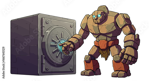 Stone golem operating a safe with futuristic interface in cartoon style