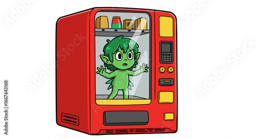Curious green fairy trapped inside a red vending machine in cartoon style