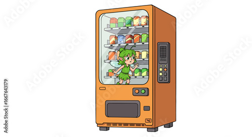 Whimsical fairy inside vending machine with colorful drinks in cartoon style