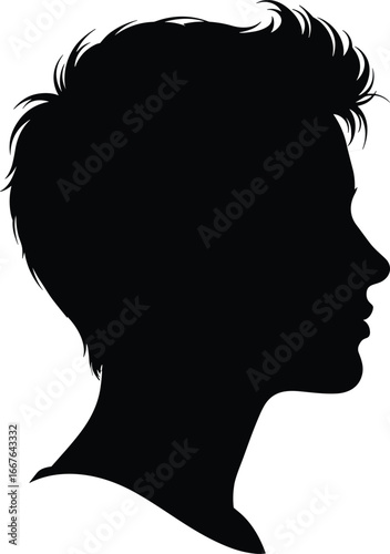 Male profile silhouette, black head outline, messy hair style, facial features defined, side view portrait, minimalist art, white background