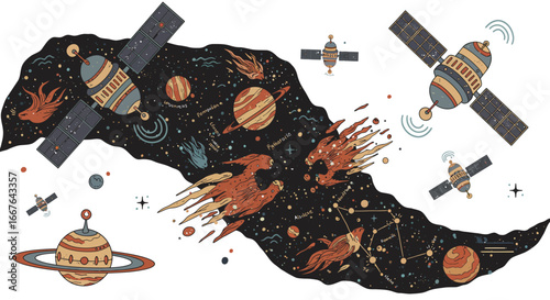 Celestial exploration with satellites and planets in a retro sci-fi universe