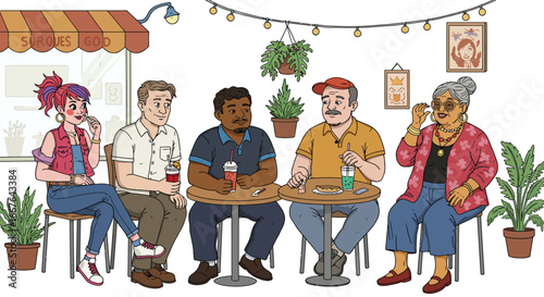 Diverse group chatting at cafe with plants and decor in vibrant casual setting
