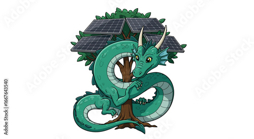 Eco-friendly dragon guarding solar-powered tree for sustainable energy