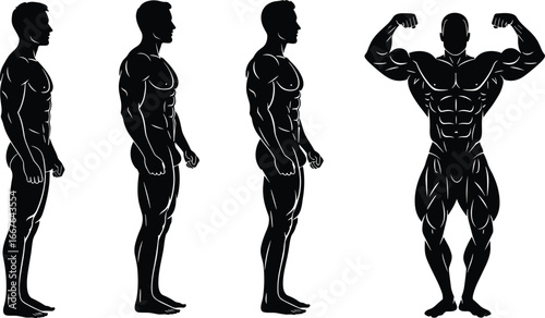 Muscular male silhouette, bodybuilding pose, side profile view, muscle definition, fitness illustration, strong physique, black and white art, posture study