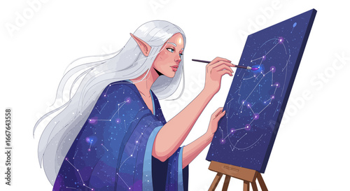 Fantasy elf painting celestial artwork: cosmic creativity on canvas