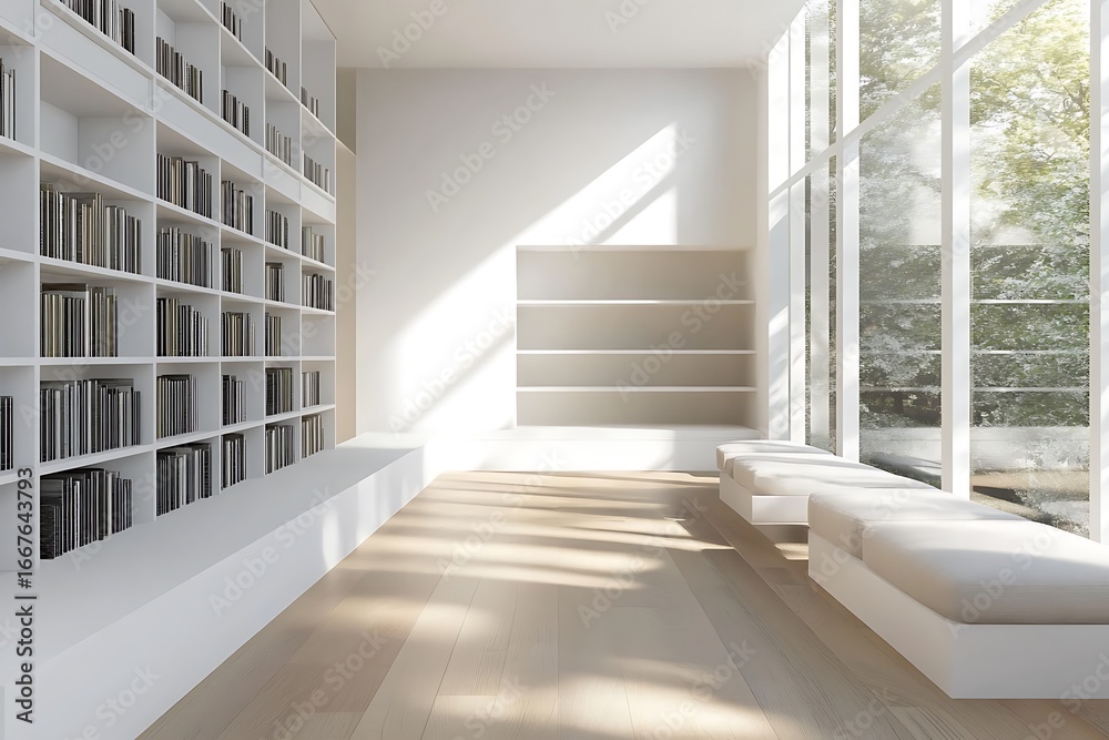 Fototapeta premium Minimalist library setup with white floor-to-ceiling shelves, pale oak flooring, low bench seating, and soft natural light 