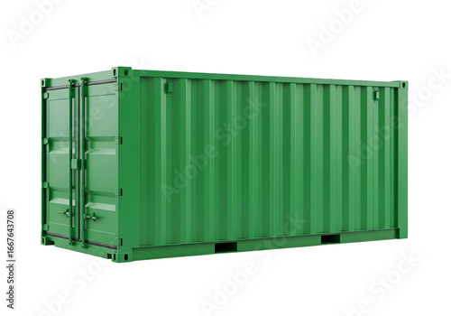 A vibrant green shipping container is presented against a black background, showcasing its sturdy construction and practical design.
