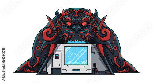 Futuristic cyber dragon guarding high-tech portal