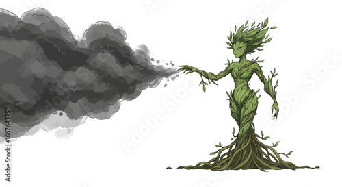 Nature spirit ward off smoke in mythical hand drawn art scene