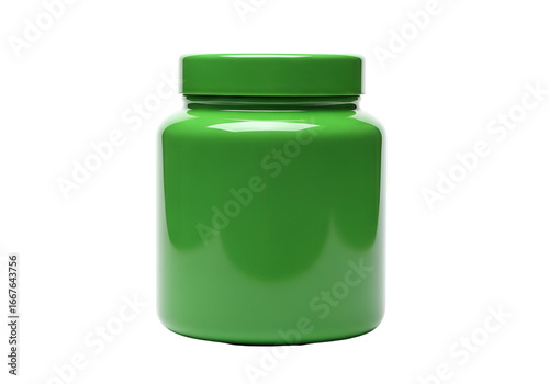 A vibrant green jar with a glossy finish stands out against a pure black background.