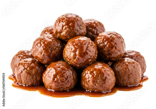 A close-up view of a pile of brown meatballs, glistening with a rich, amber sauce, presented against a stark black background.