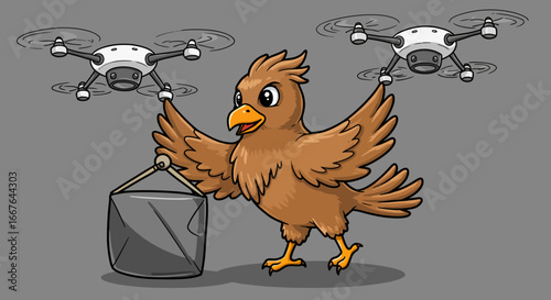 Cartoon bird transporting objects with drones on grey background
