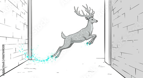 Majestic deer leaping in urban alley with artistic blue accents