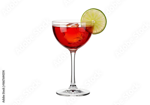 A vibrant red cocktail, garnished with lime, is presented in a glass with ice, against a striking black backdrop.