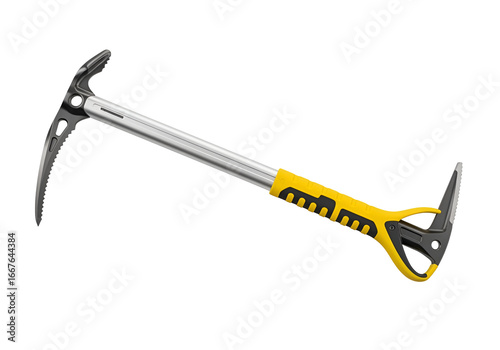 A modern ice axe, featuring a sleek silver shaft and vibrant yellow grip, is presented against a stark black backdrop.