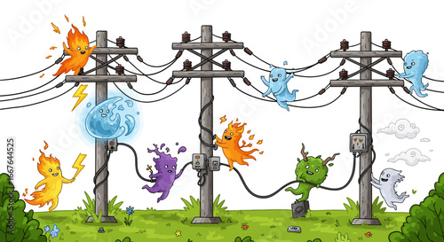 Whimsical elemental creatures playing on power lines in cartoon style