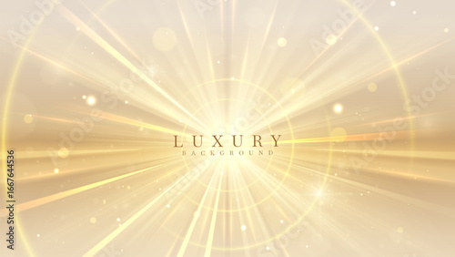 Gold background with light beam motion effect and bokeh decoration.