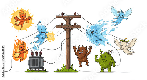 Playful elemental creatures interacting with electrical poles and wires