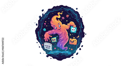 Colorful cosmic creature with floating heads in a whimsical space portal