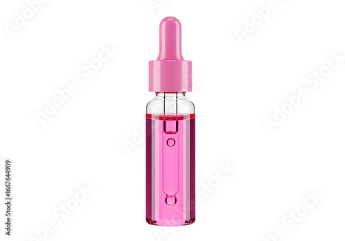 A vibrant pink dropper bottle, filled with a luminous liquid, presents a simple yet elegant aesthetic against a dark background.