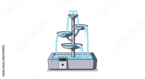 Modern cartoon water fountain with four tiers and flowing water