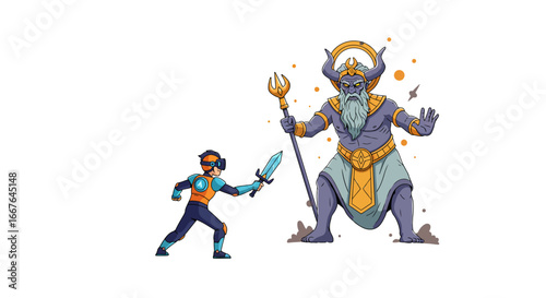 Epic battle scene: hero vs mythical giant with trident in cartoon style