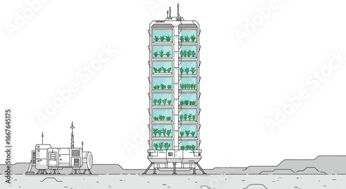 Futuristic lunar greenhouse with vertical farming units on the moon's surface