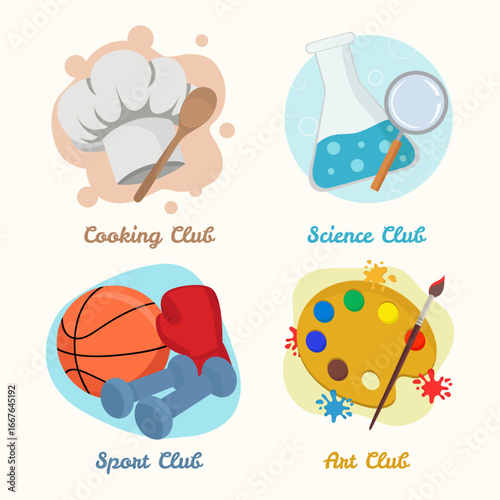 After school activity or hobby for kids Cooking sport science or art club flat illustrations