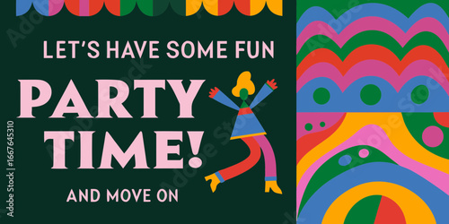 Colorful Party Invitation with Geometric Patterns and Dancing Figure Illustration