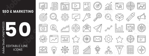 SEO and marketing icon set. Containing search magnifier, target keyword, analytics graph, link building, mobile optimization, ranking arrow, social media, content strategy, email campaign, traffic fun