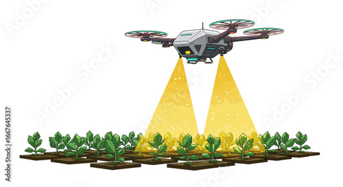 Futuristic agriculture drone with led lights hovering over crops enhancing growth