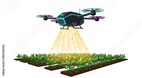High-tech agricultural drone irrigating crops with precision farming technology
