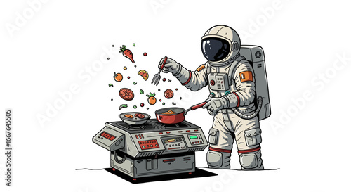 Astronaut chef cooking in space with floating food in a whimsical cartoon scene