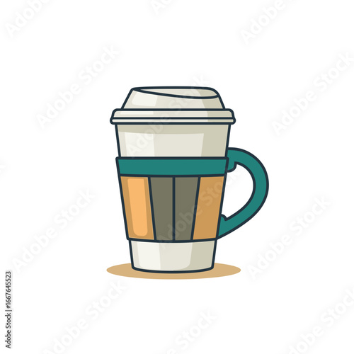 Coffee cup with lid and handle in simple illustrated style  
